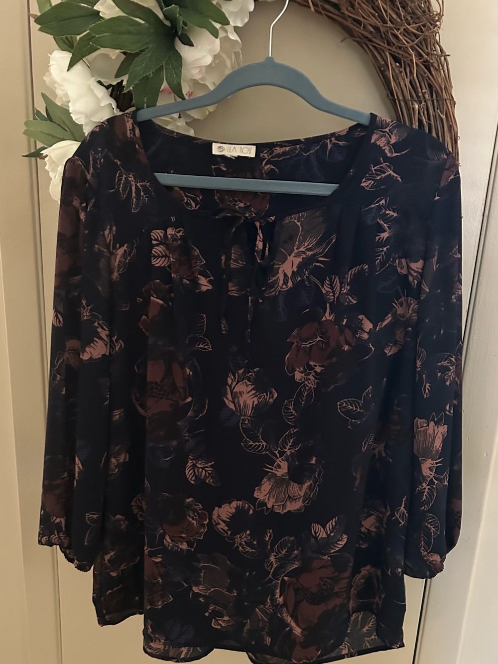 Lila Rose Navy Blouse with Mauve Floral Print XL